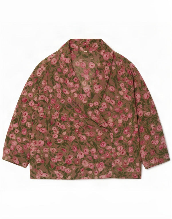 Vintage mujer manga larga blusa Top Reino Unido 18 XL Caqui Floral