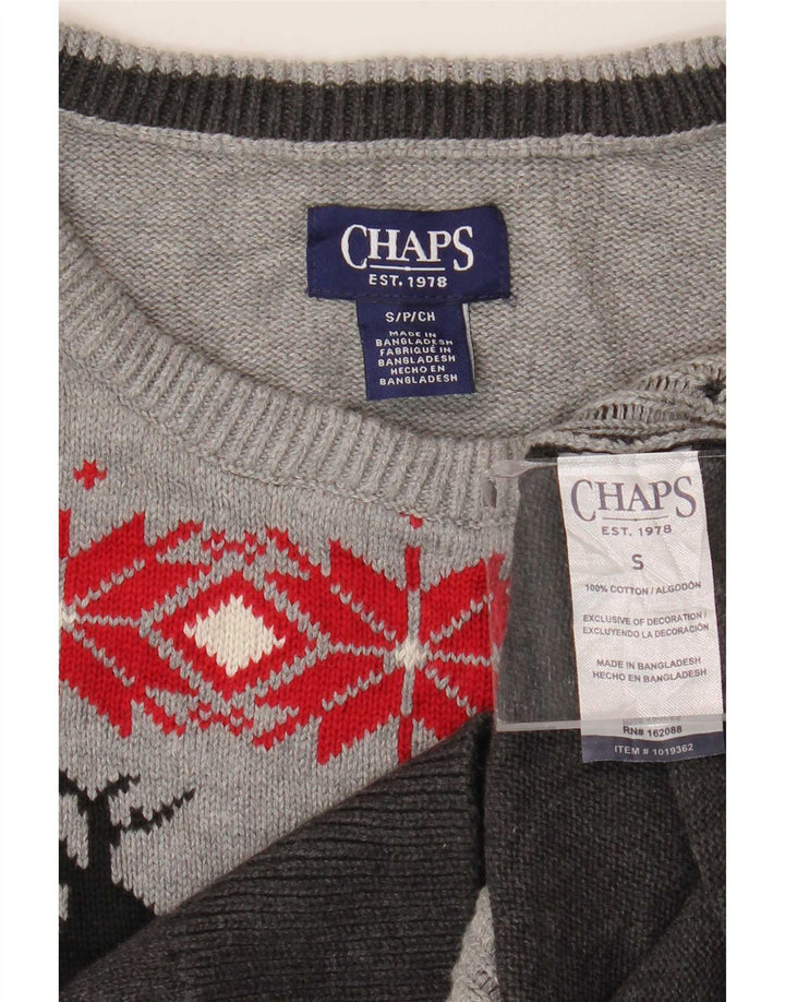 Chaps Jersey con cuello barco para hombre, pequeño, gris, algodón Fair Isle
