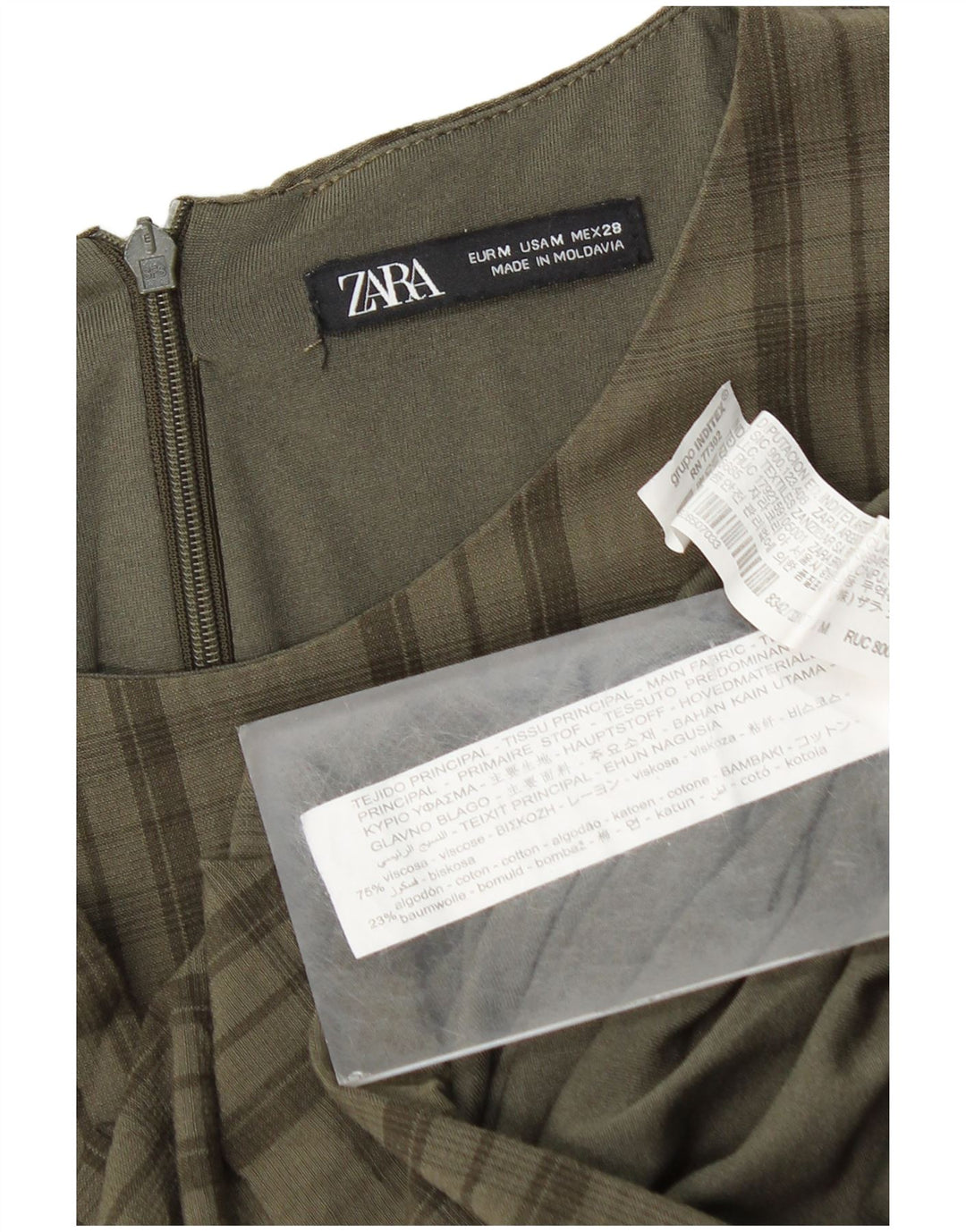 Zara Vestido recto de manga 3/4 para mujer UK 42 Viscosa a cuadros caqui mediano