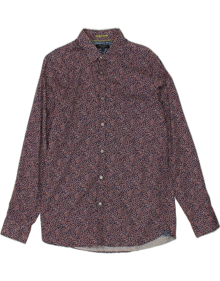TED BAKER Mens Slim Shirt Size 4 Large Navy Blue Floral Cotton Vintage Ted Baker and Second-Hand Ted Baker from Messina Hembry 