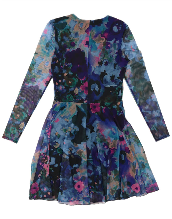 DESIGUAL Vestido acampanado de manga larga con estampado abstracto para mujer, talla 40, azul pequeño