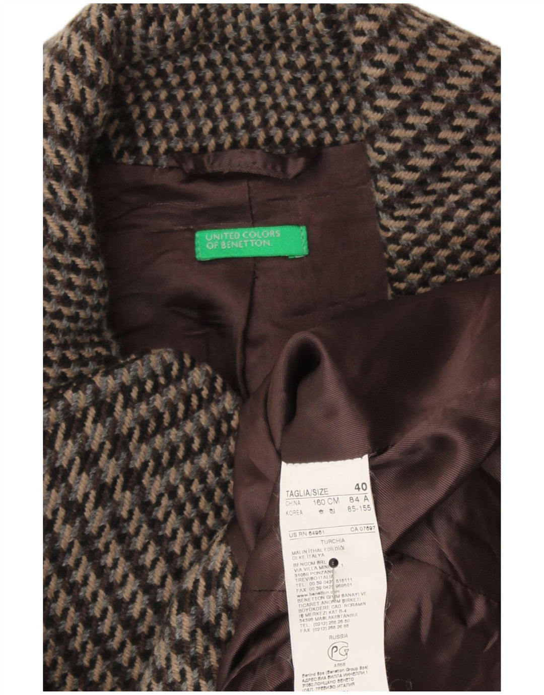 Benetton Blazer Con Cinturón IT 40 Small De Lana De Pata De Gallo Marrón