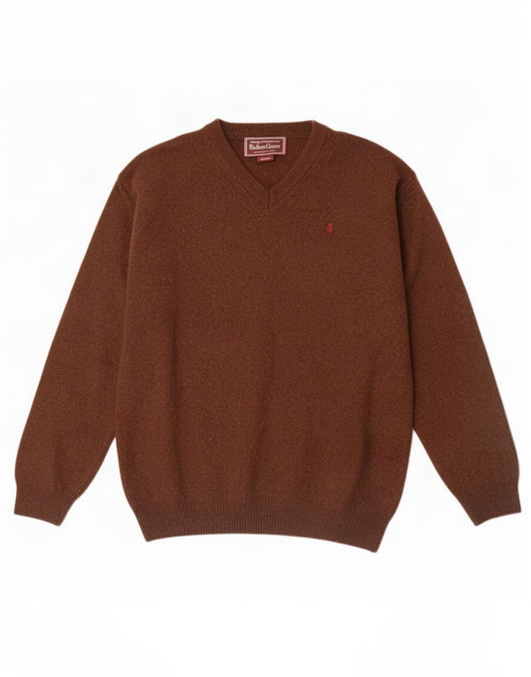 Marlboro Classics Mens V-Neck Jumper Sweater Medium Brown Wool
