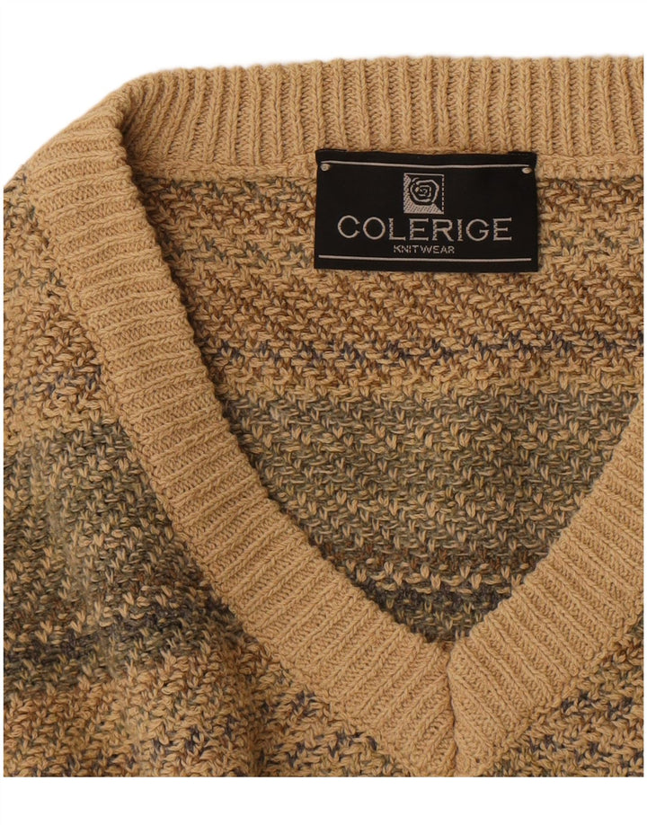 Vintage hombres V-cuello jumper suéter medio beige rayas