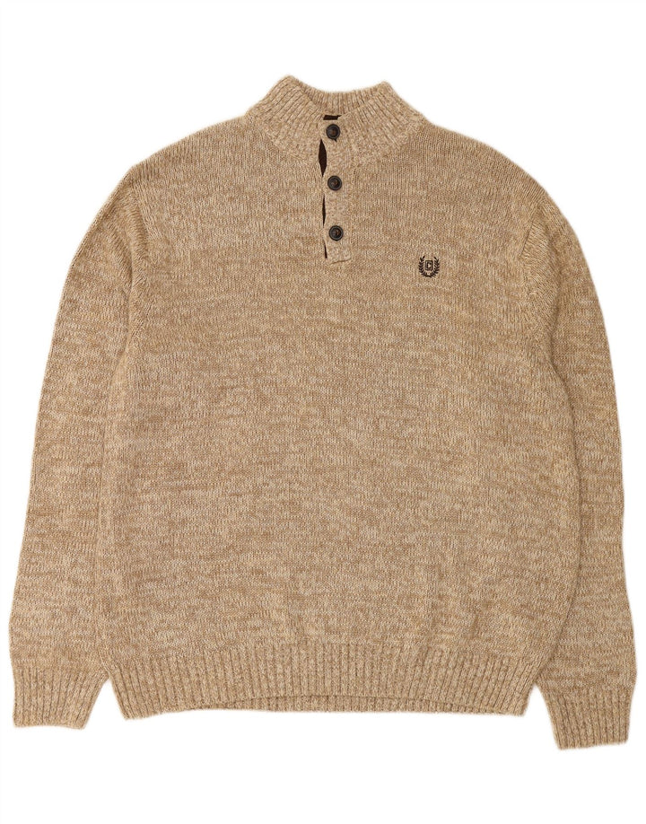 CHAPS Mens Button Neck Jumper Sweater 2XL Beige Colourblock Cotton