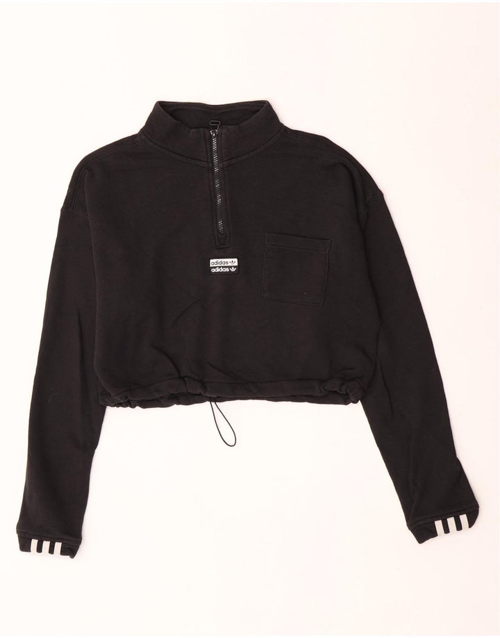 Adidas Mujer Crop Zip Neck Sudadera Jumper UK 12 Medium Negro Algodón