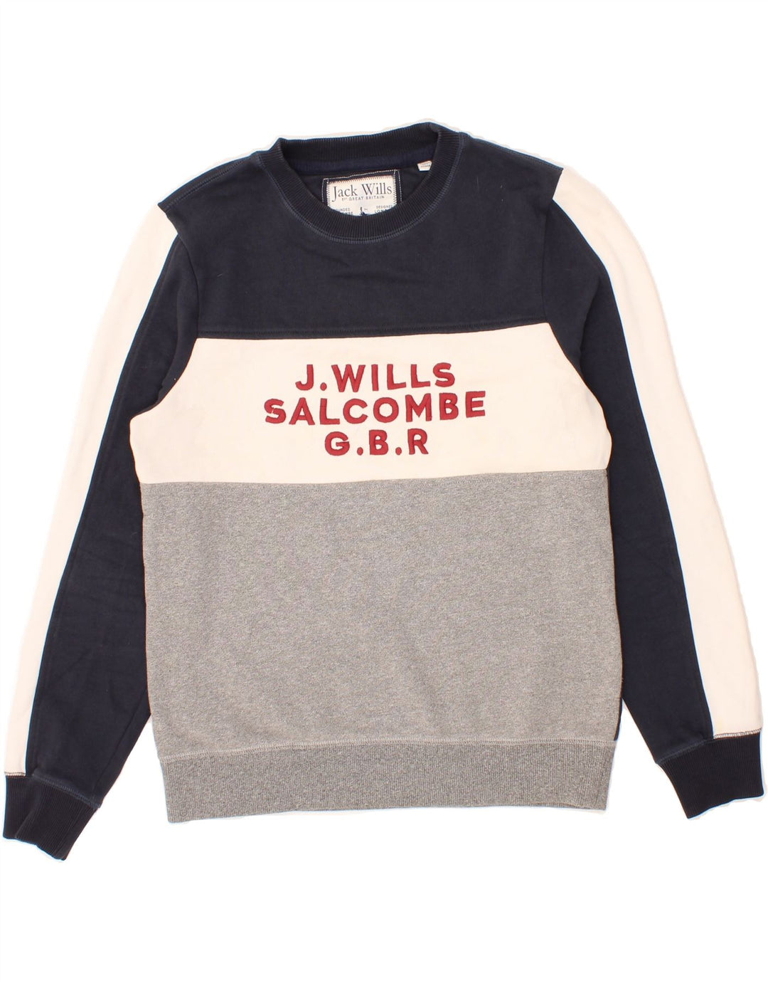 JACK WILLS Mens Graphic Sweatshirt Jumper Medium Navy Blue Colourblock Vintage Jack Wills and Second-Hand Jack Wills from Messina Hembry 