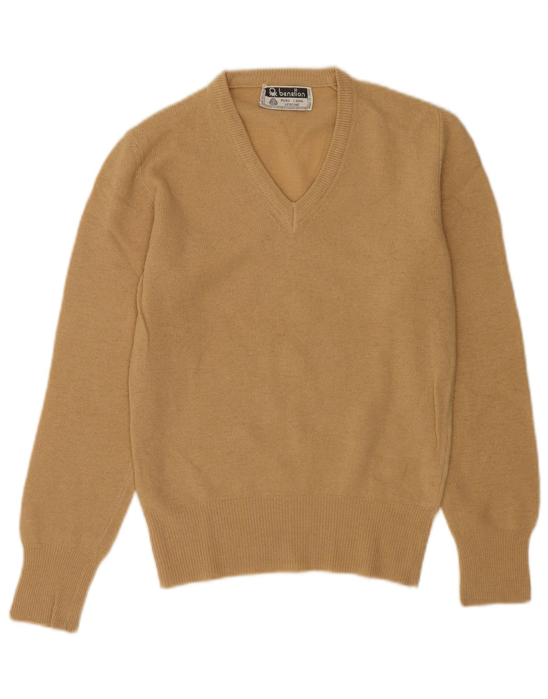 Benetton Jersey Con Cuello En V Para Mujer UK 40 Small Lana Beige