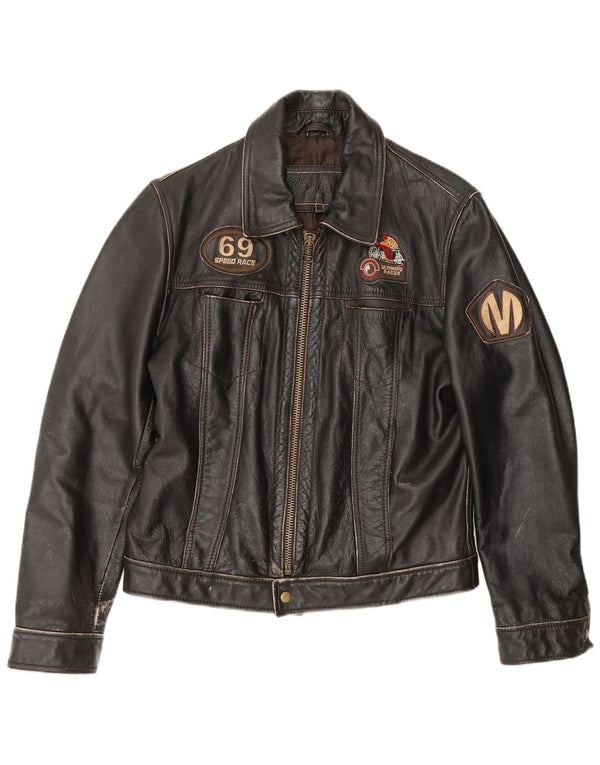 Vintage hombres cuero biker chaqueta Reino Unido 36 pequeño motociclista marrón