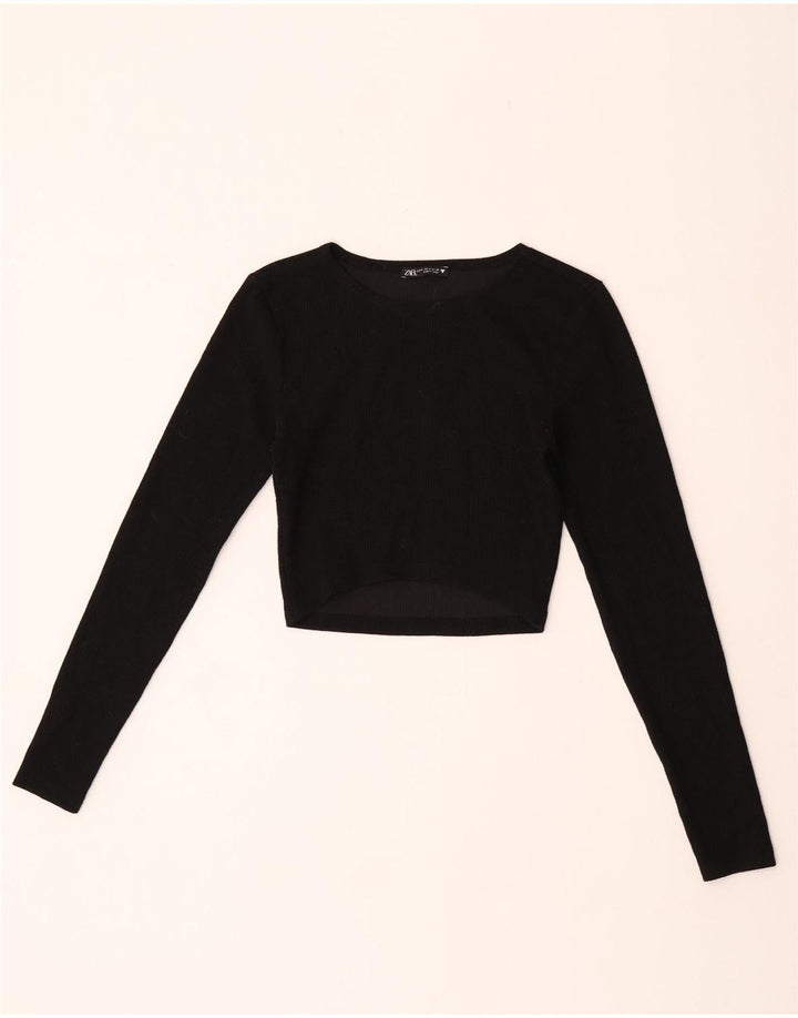 Zara Mujer Crop Top Manga Larga UK 42 Medio Negro Poliéster