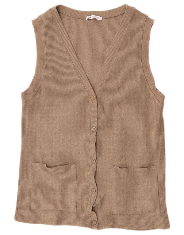 Zara Mujer Cárdigan Sin Mangas Suéter UK 10 Small Beige Acrílico