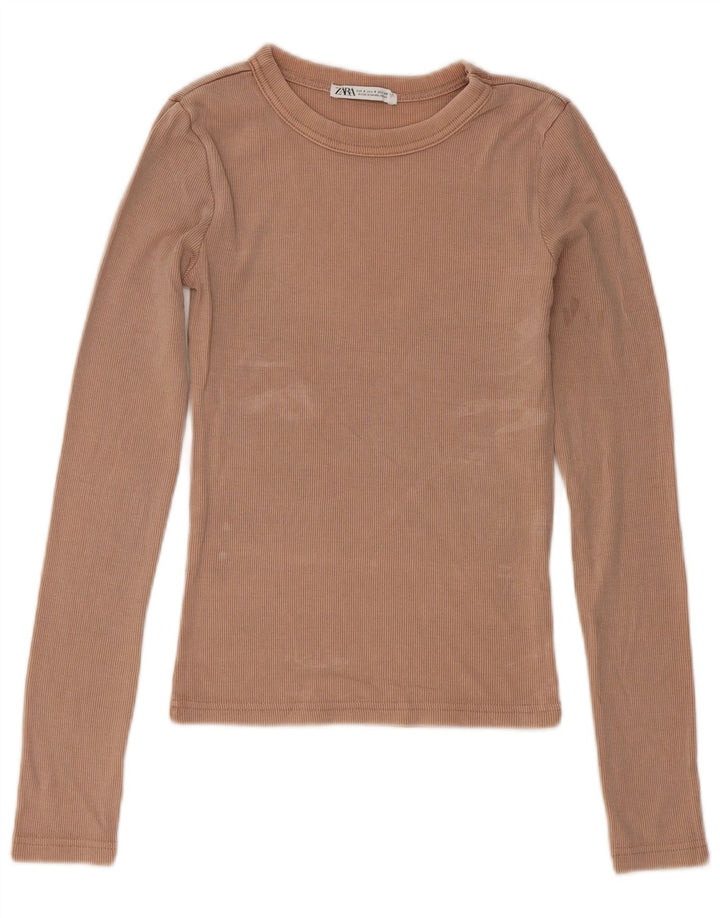 Zara Mujer Top Manga Larga UK 8 Pequeño Algodón Beige