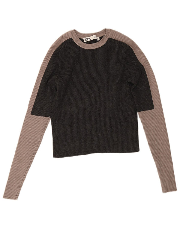 Zara Mujer Crop Top Manga Larga UK 42 Viscosa Color Block Gris Medio