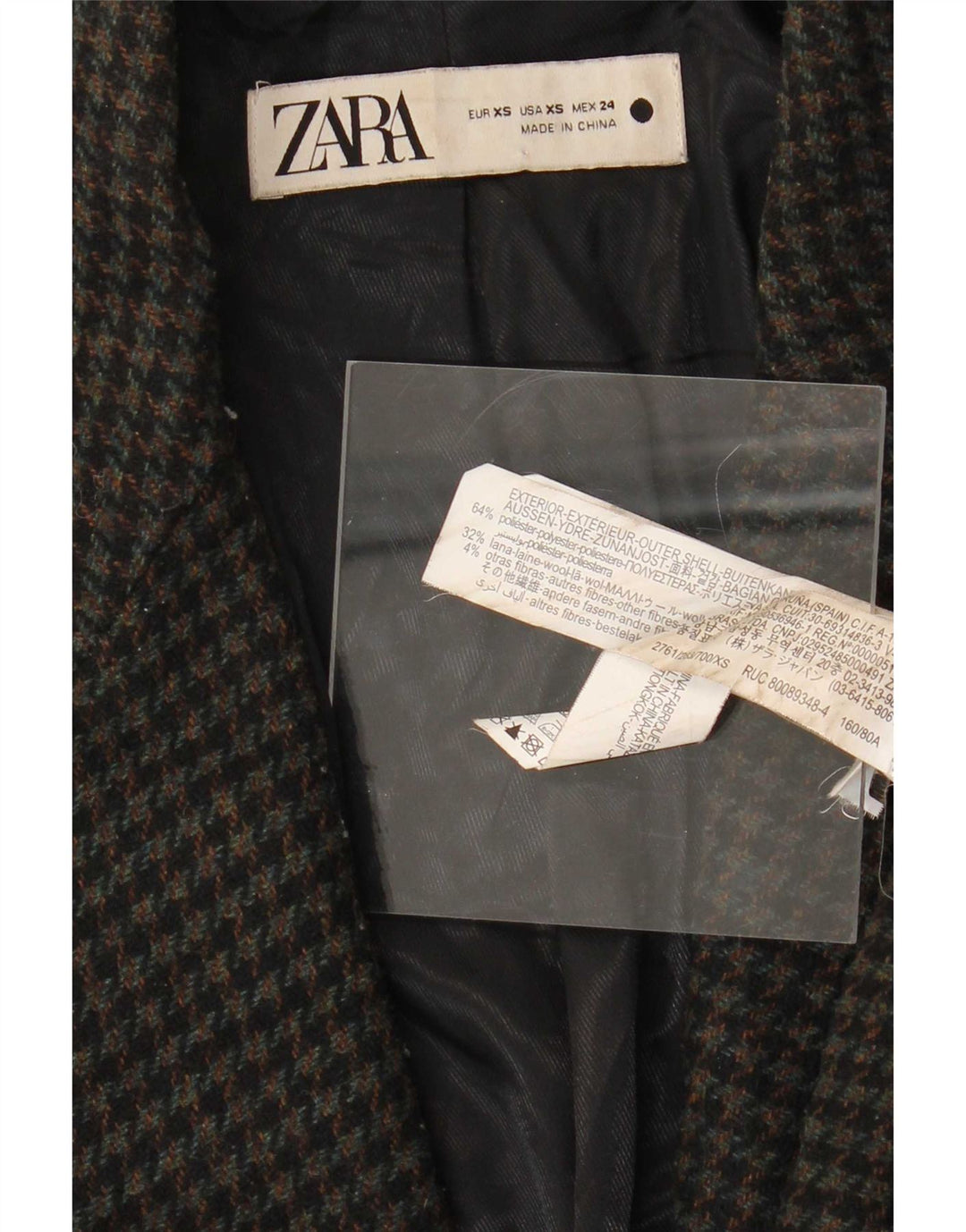 Zara Mujer Abrigo Extragrande UK 6 XS Poliéster Pata De Gallo Negro