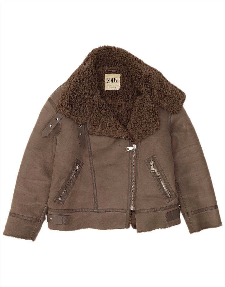 Zara Mujer Sherpa Chaqueta Biker Extragrande UK 10 Small Marrón