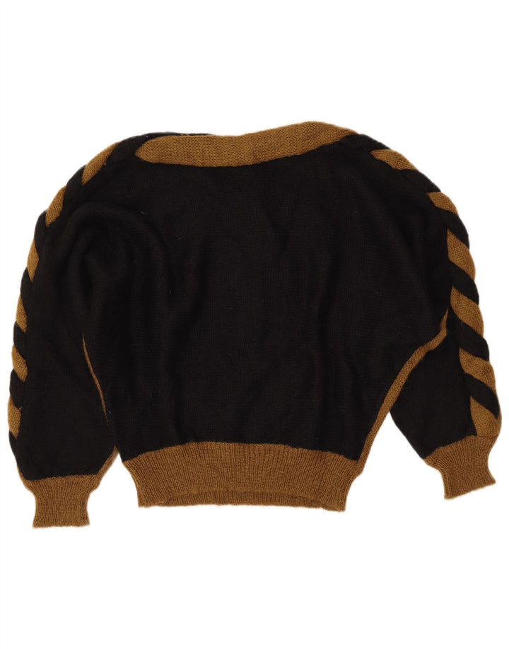 VINTAGE Mujer Barco Cuello Jersey Suéter Reino Unido 14 Medio Negro Colorblock