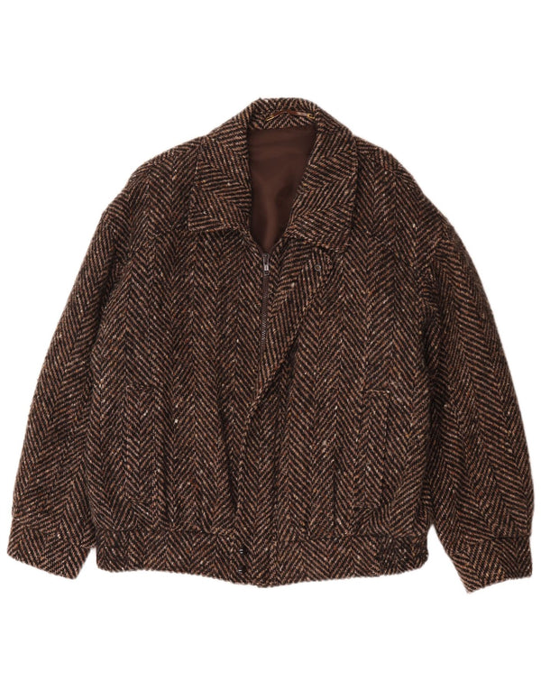 Vintage hombres bombardero cortavientos chaqueta Reino Unido 42 XL lana de espiga marrón