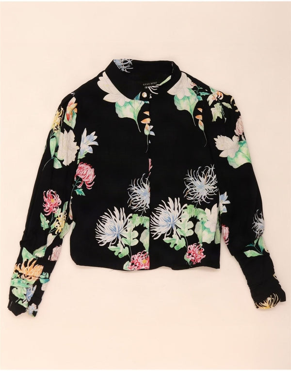 Zara Womens Crop Long Sleeve Blouse Top UK 10 Small Black Floral Viscose