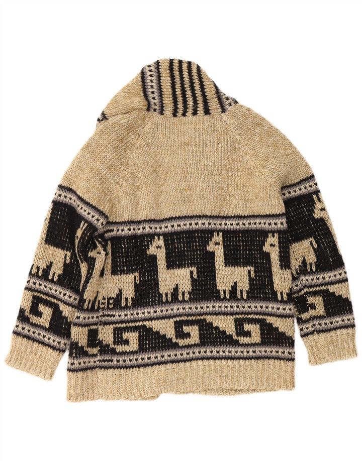 Vintage hombres gráfico abierto cardigan suéter medio beige colorblock