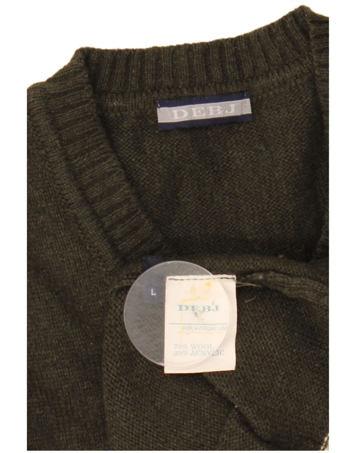 Vintage hombres V-cuello jumper suéter grande caqui Argyle/diamante lana