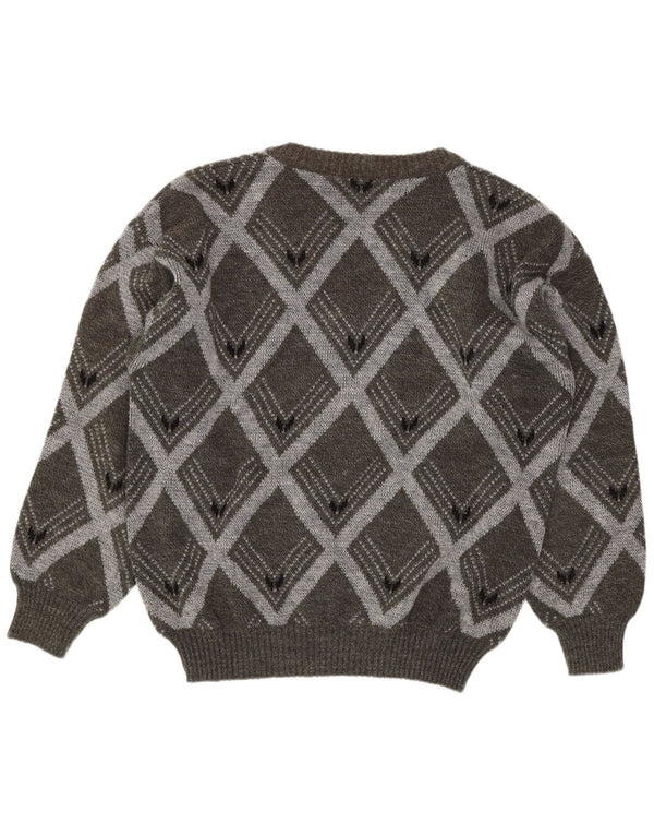 Vintage hombres V-cuello jumper suéter IT 54 XL gris Argyle/lana de diamante