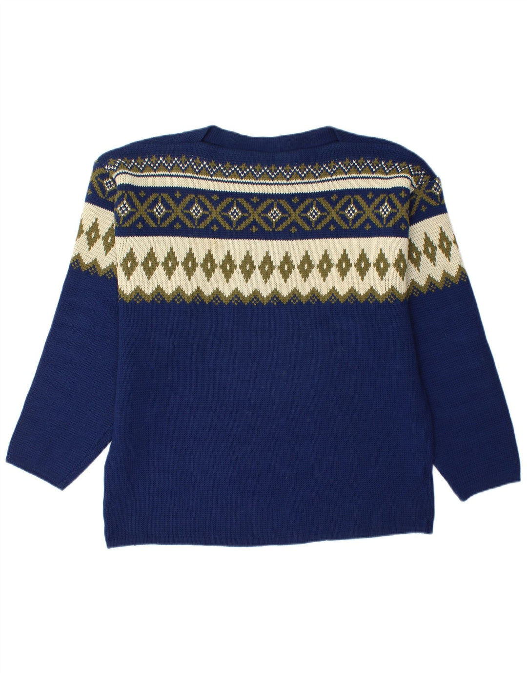 VINTAGE Hombres Barco Cuello Jersey Suéter Medio Azul Marino Fair Isle
