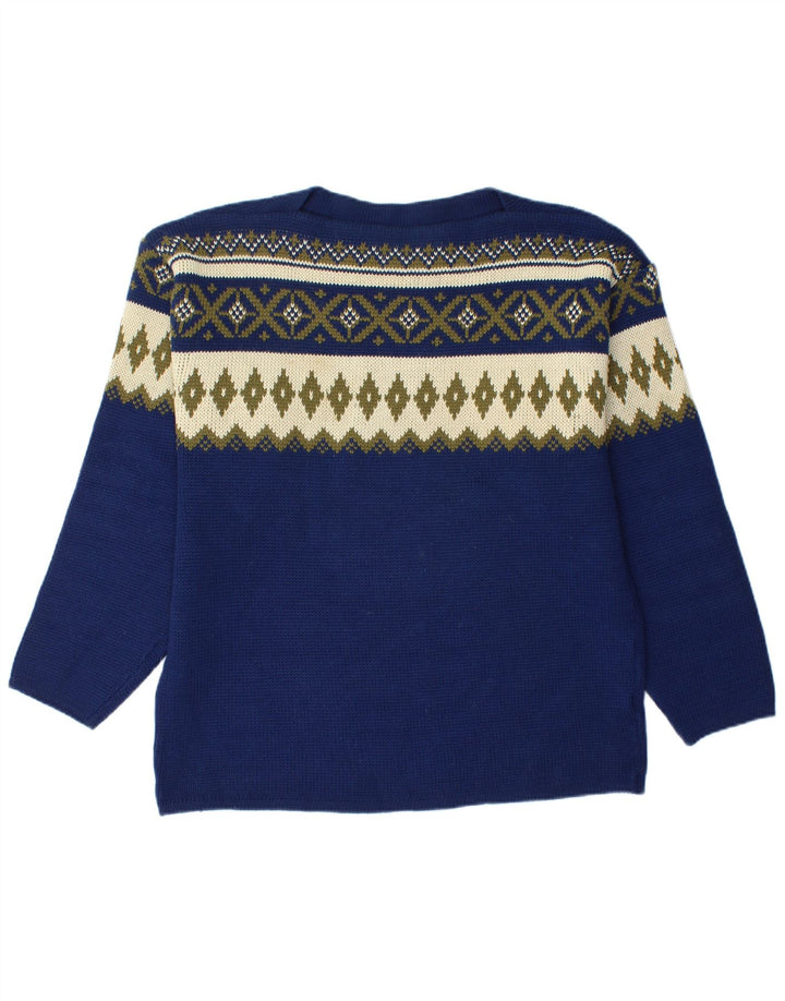 VINTAGE Hombres Barco Cuello Jersey Suéter Medio Azul Marino Fair Isle