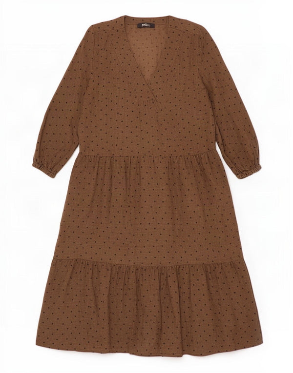 Zara Vestido Escalonado De Manga Larga Para Mujer UK 44 Marrón Medio Manchado
