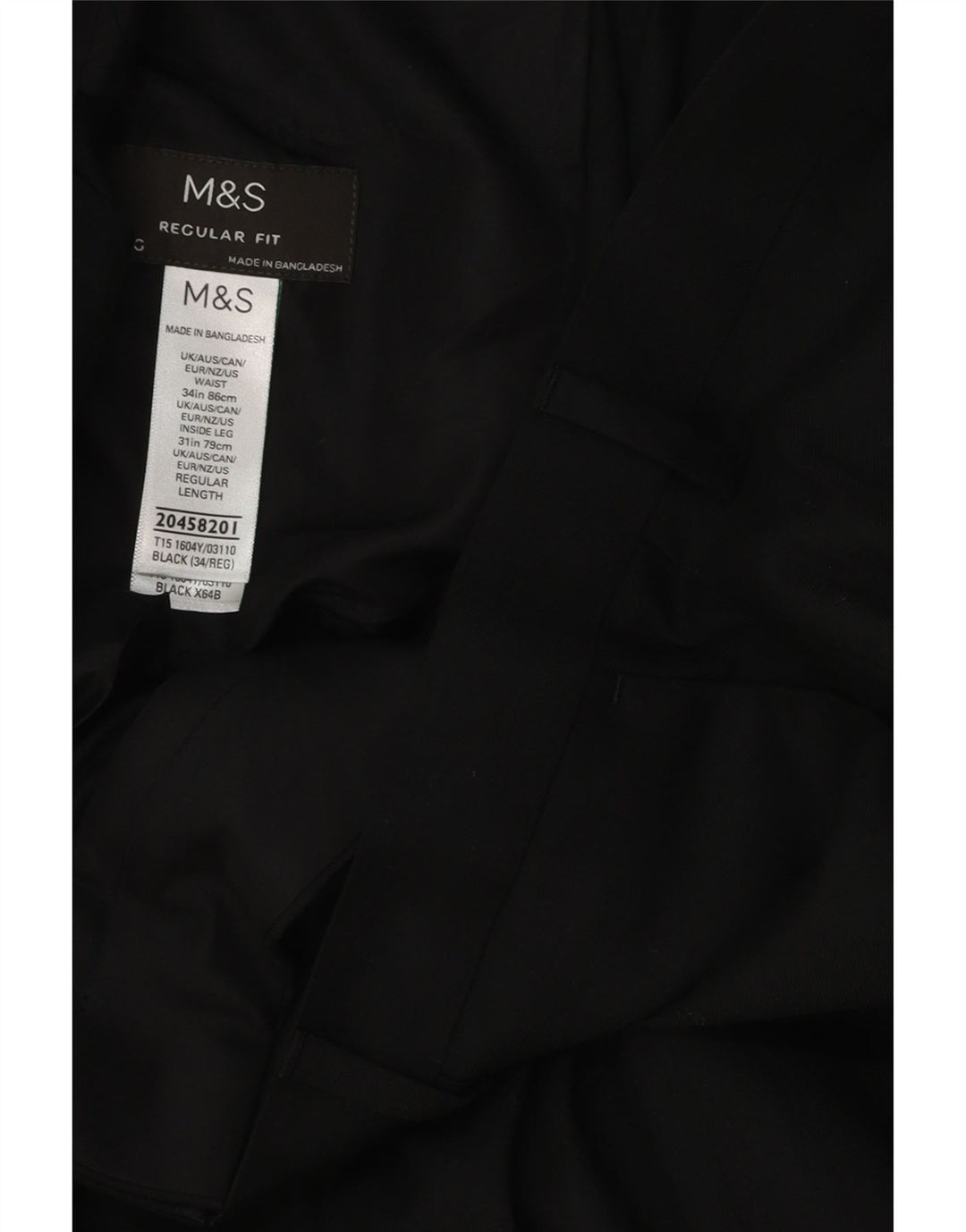 Marks & Spencer Pantalón de traje de corte regular para hombre W34 L31 Poliéster negro