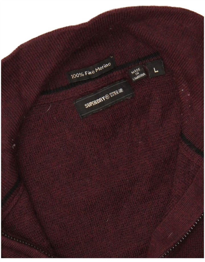 SUPERDRY Suéter tipo jersey con cuello y cremallera para mujer UK 46 Large Borgoña Lana Merino