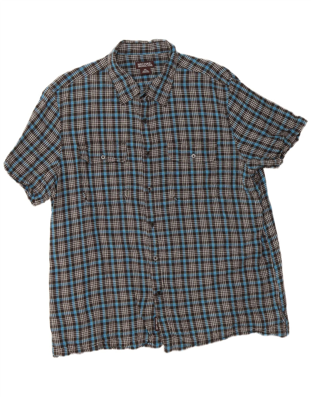 Michael Kors Camisa de manga corta para hombre 2XL Lino a cuadros azules