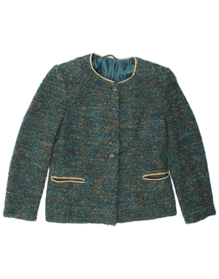 Vintage mujer 4 botones Blazer chaqueta Reino Unido 12 medio verde moteado
