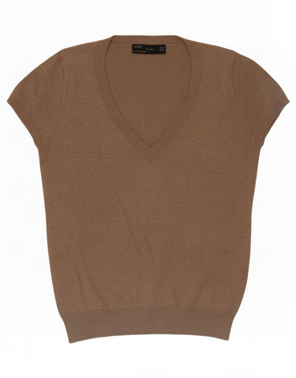 Zara Jersey de manga corta con cuello en V para mujer UK 42 Algodón marrón medio