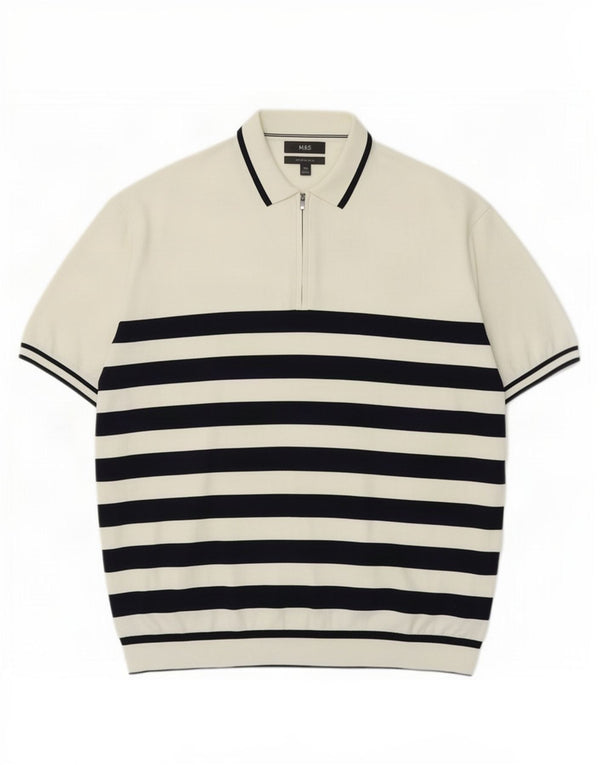 Marks & Spencer Mens Polo Neck Jumper Sweater 2XL White Striped