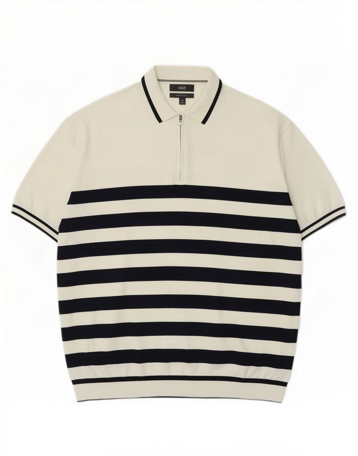 Marks & Spencer - Jersey de cuello polo para hombre, talla 2XL, color blanco a rayas
