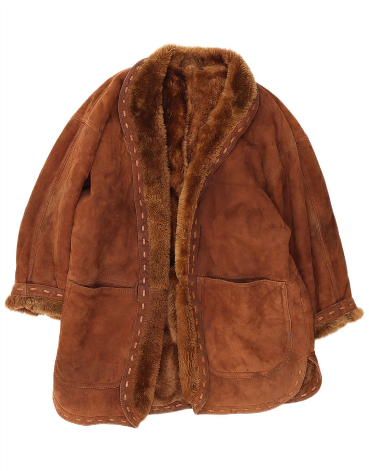 Vintage mujer abierta shearling chaqueta Reino Unido 18 XL marrón