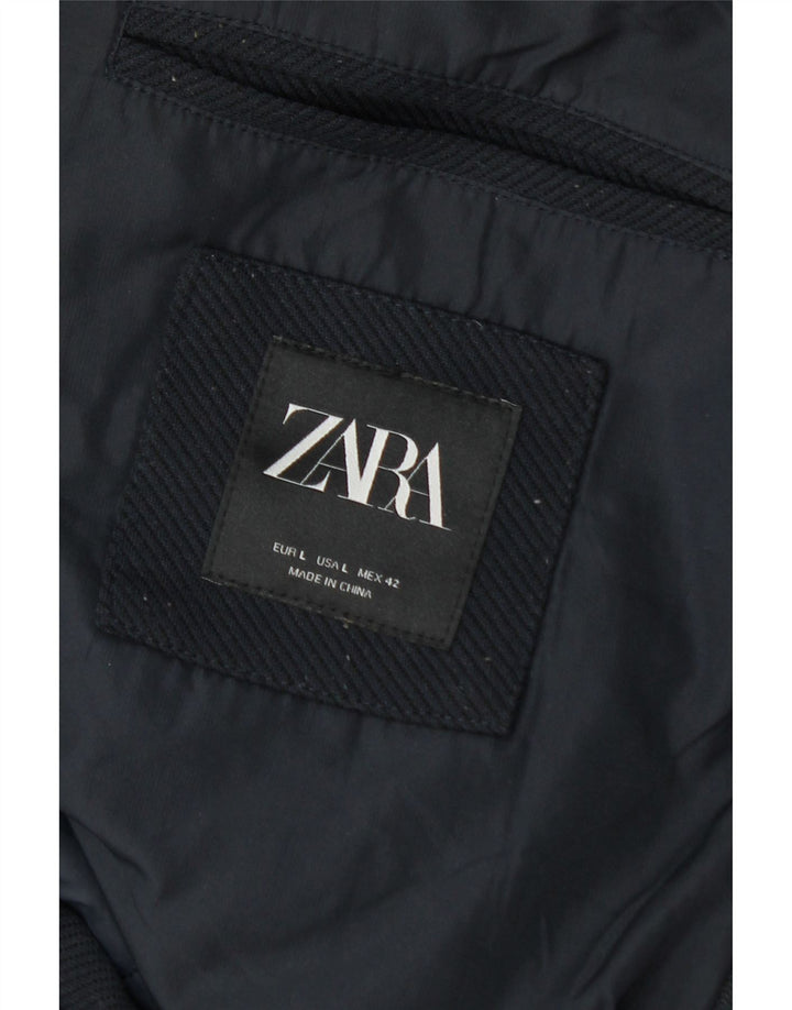 Zara Hombre Abrigo acolchado con capucha UK 40 Large Azul marino Poliéster Invierno