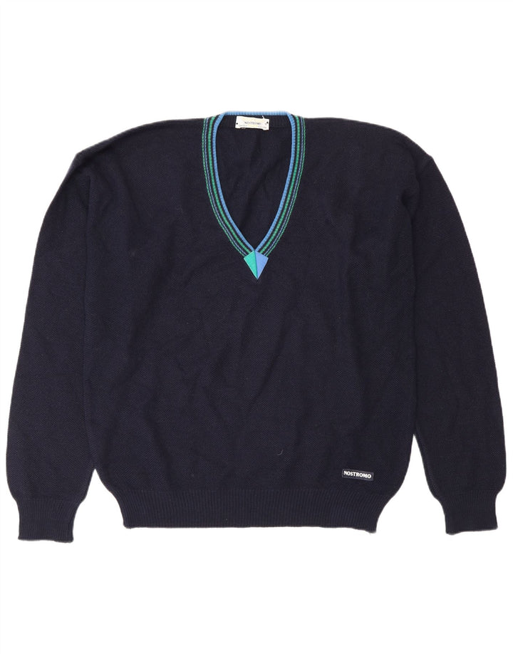 Vintage hombres V-cuello jumper suéter IT 50 medio azul marino lana