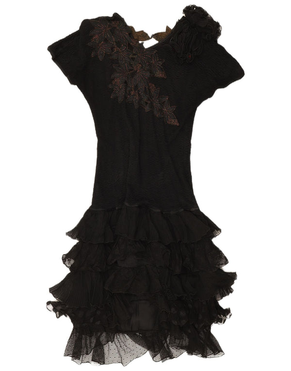 Vintage mujer vestido escalonado Reino Unido 12 medio negro floral