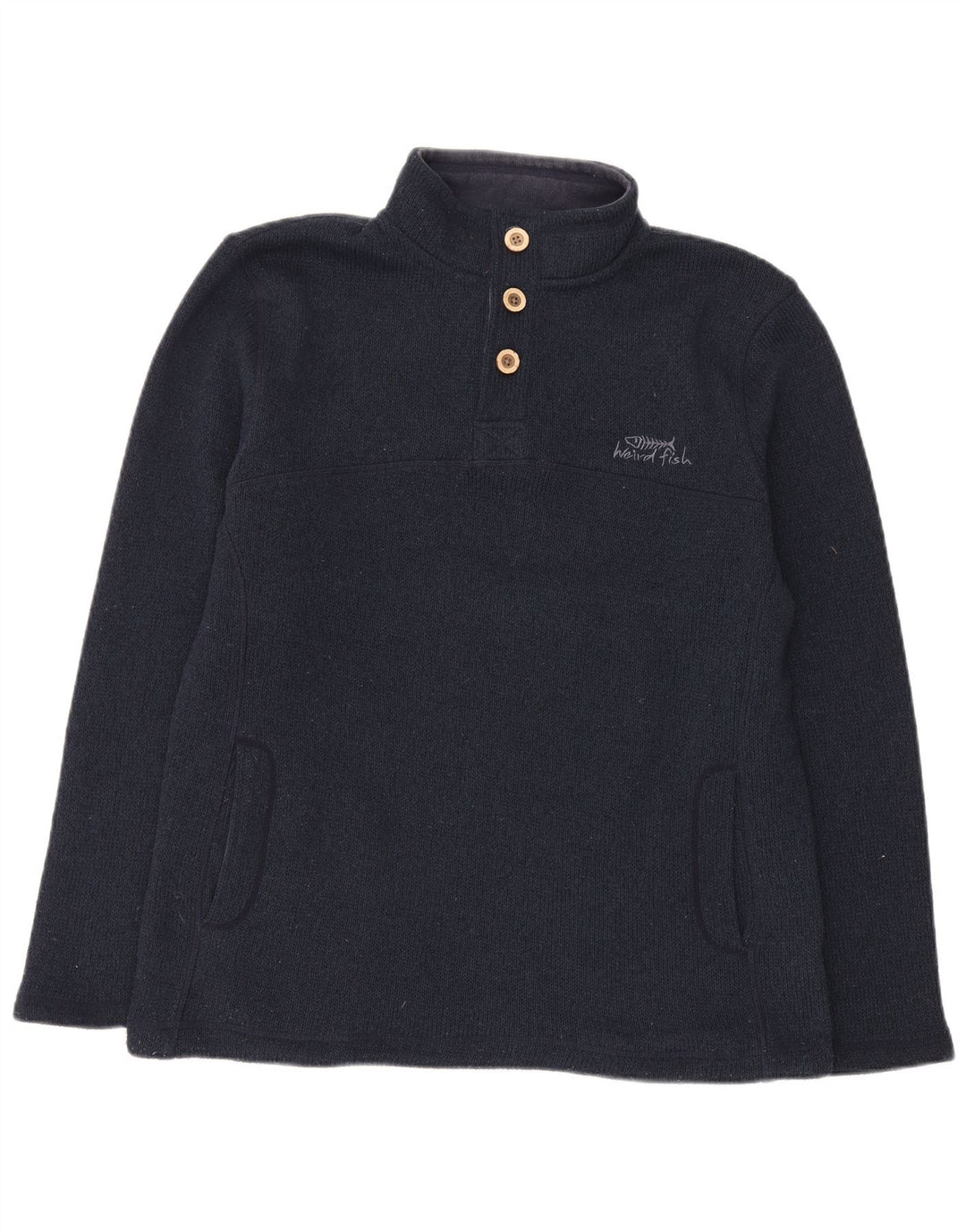 Weird Fish Suéter tipo jersey con cuello y botones para hombre, tamaño grande, poliéster azul marino