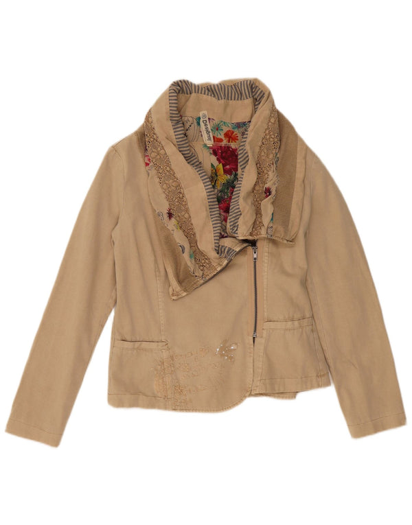Desigual Mujer Crop Bomber Jacket EU 36 Small Beige Colorblock Algodón