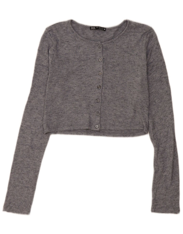 Zara Mujer Crop Cardigan Suéter UK 10 Small Gris Viscosa