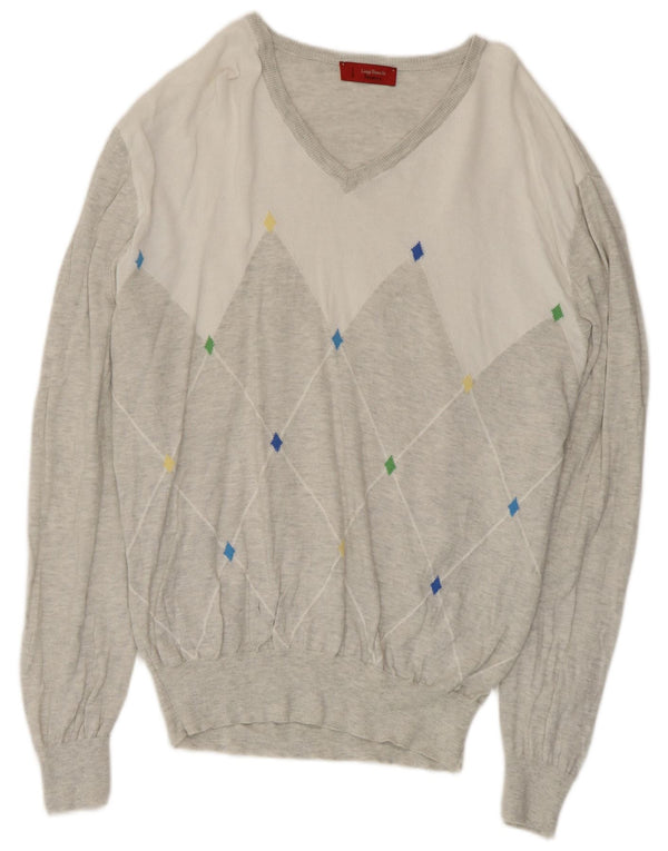 Luigi Bianchi Jersey con cuello en V para hombre Gris medio Argyle/Diamond Cotton