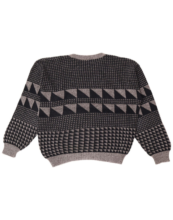 Vintage hombres cuello redondo jersey suéter grande gris geométrico