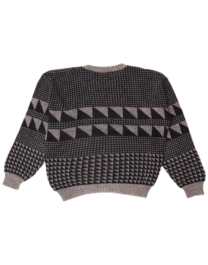Vintage hombres cuello redondo jersey suéter grande gris geométrico