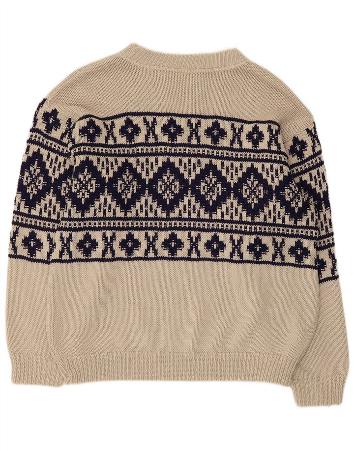 Vintage hombres barco cuello jersey suéter medio beige Fair Isle
