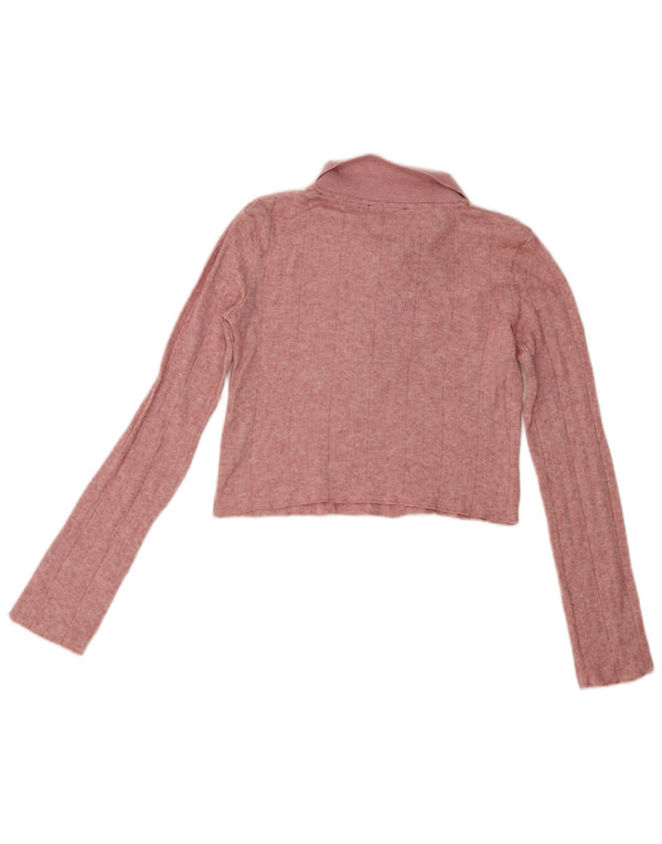 Zara Polo Corto De Manga Larga Para Mujer UK 10 Small Viscosa Rosa