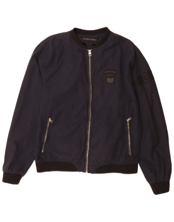 Zara Mens Bomber Jacket UK 42 XL Azul Marino Colorblock Algodón