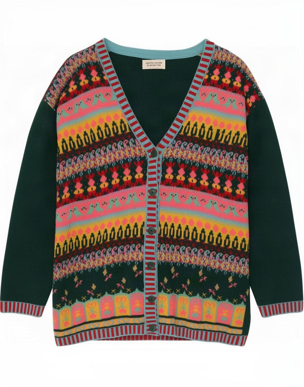 Benetton Cárdigan Extragrande De Mujer UK 40 Pequeño Lana Fair Isle Verde