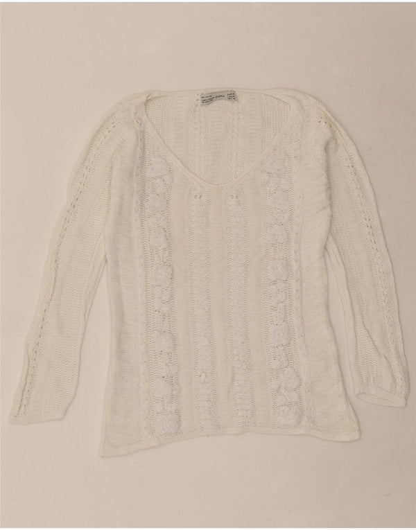 Zara - Jersey con cuello en V para mujer, talla mediana, algodón floral, color blanco roto